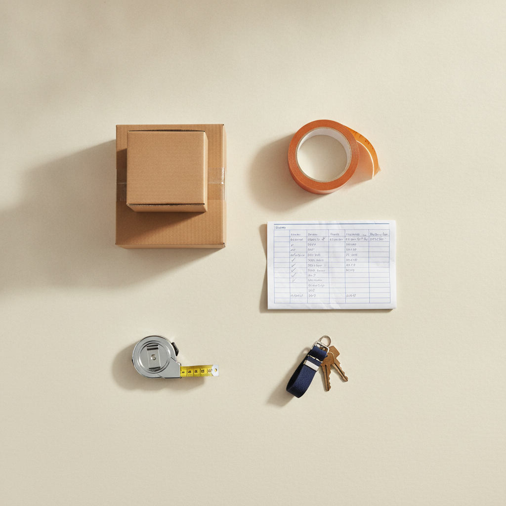 Moodboard: Umzugskartons, Packband und ein handschriftlicher Laufzettel auf warmem Papierton
